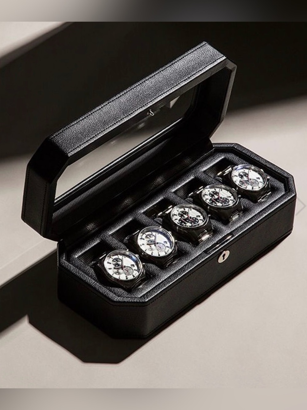 Heritage Wolf Black Windsor Vegan Leather 5 Piece Watch Display Box